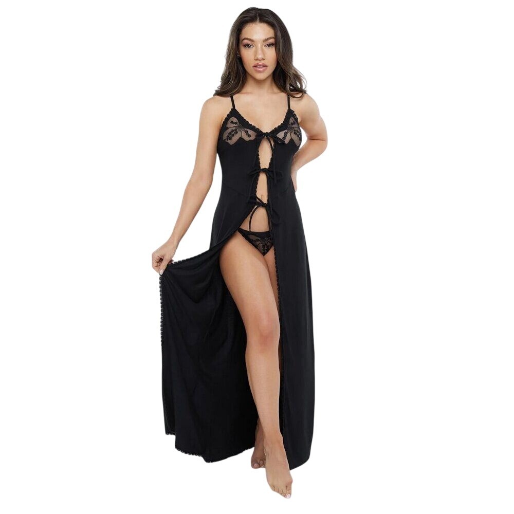 Savage‎ X Fenty Nighty Small Black Lace Trim Mesh Tie Front Maxi Slip Dress Y2K